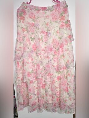 Altar'd State Pink Floral Tiered Maxi Skirt with Green Accents